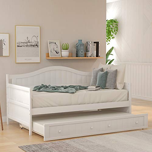 Twin Daybed with Trundle Bed, Wood Sofa Bed for Bedroom Living Room, No Box Spring Needed (Twin Daybed with Trundle, White)