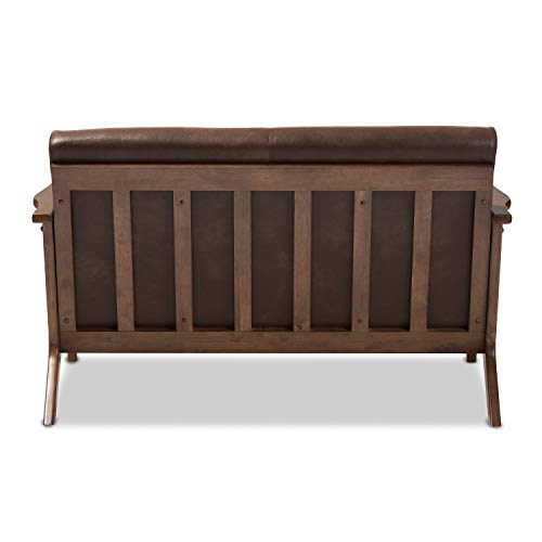 Baxton Studio Bianca Mid-Century Modern Walnut Wood Dark Brown Distressed Faux Leather 2-Seater Loveseat Mid-Century/Dark Brown/Walnut Brown/Faux Leather/Rubber Wood/
