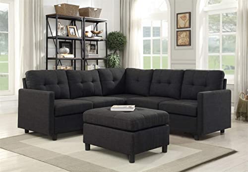 Sectional Sofa Set L-Shaped Couch Reversible Modular Futon Couch Furniture with Reversible Ottoman for Small Space Living Room (Dark Gray C)