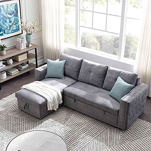 Tulib Reversible Sectional Sleeper Sofa with Storage Chaise, L-Shape Corner Couch with Pulled Out Bed, Nailheaded Design, for Living Room(Gray), 91