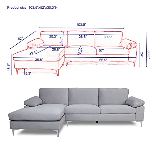 L Shaped Sectional Couch with Lounge Chaise,Tmosi Modern Upholstered Velvet Corner Sofa Couch,2 Seat Sofa with Chaise Lounge Left Hand Facing for Living Room,Grey