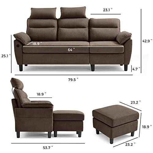LINSY HOME Reversible Sectional Sofa Couch, L-Shaped 3-Seat Couch with USB Charging Station for Small Space, Brown