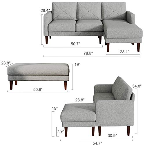 Belffin Convertible Sectional Sofa Couch with Ottoman Reversible L Shaped Sofa Couch Set in Fabric Grey