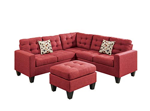 Poundex F6936 Bobkona Norton Linen-Like 4 Piece Sectional with Ottoman Set, Carmine