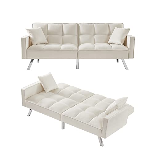 Velvet Sofa Bed,Nrizc Sofa Bed with 2 Pillows,Modern Velvet Sofa Couch Bed with Armrests and Metal Feet for Living Room/Bedroom (Off White)
