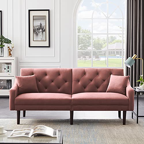 Velvet Futon Sofa Bed with 2 Pillows, Modern Sleeper Sofa with 3 Inclined Angles, Living Room Couch with 6 Solid Wood Legs, Convertible Loveseat for Small Space, Pink
