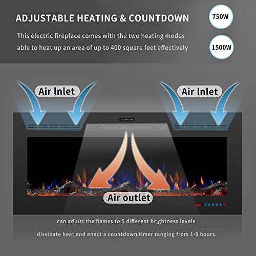 Harper & Bright Designs Electric LED Recessed Fireplace with Remote Control, Adjustable Heating and Touch Screen 1500W, 50 inch, Black