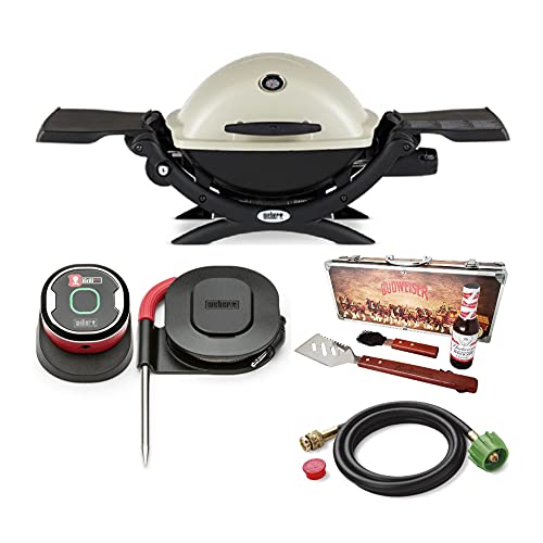 Weber Q 2200 Gas Grill - LP Gas (Titanium) with Adapter Hose, Thermometer, and BBQ Grill Set Bundle (4 Items)
