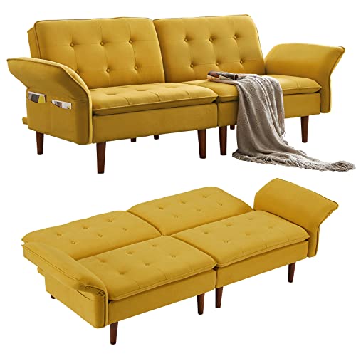 AOOWOW Convertible Futon Sofa Bed, Modern Reclining Futon Loveseat Couch with Adjustable Armrest 4 Side Pockets and 8 Tapered Legs Folding Sleeper Sofa for Dorm Room Living Room Bedroom Office, Yellow