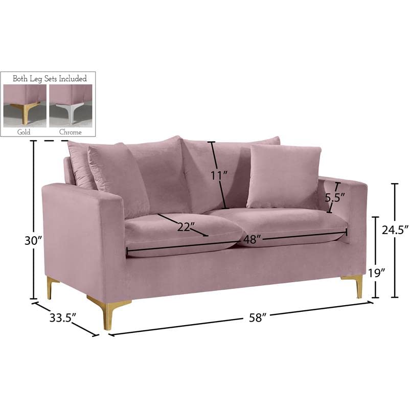 Meridian Furniture Naomi Collection Stainless Modern | Contemporary Velvet Upholstered Loveseat with Stainless Steel Base in a Rich Gold or Chrome Finish, Pink