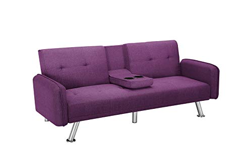K.Nice 74' Polyester Fabric Sofa Bed Modern Couch with 2 Cup Holders Sleeper Reversible Loveseat 3 Adjustable Angles and Removable Armrests Convertible Daybed (Purple) (RE003)