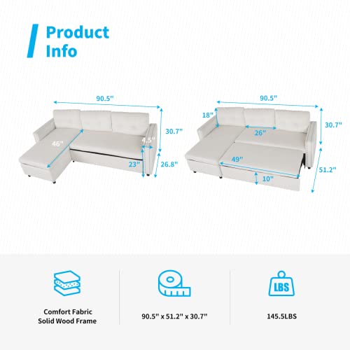Sleeper Sectional Sofa with Storage Chaise and Pocket, Reversible Pull Out Couch Bed Couch Sleeper Sectional Sofa (Cream White)