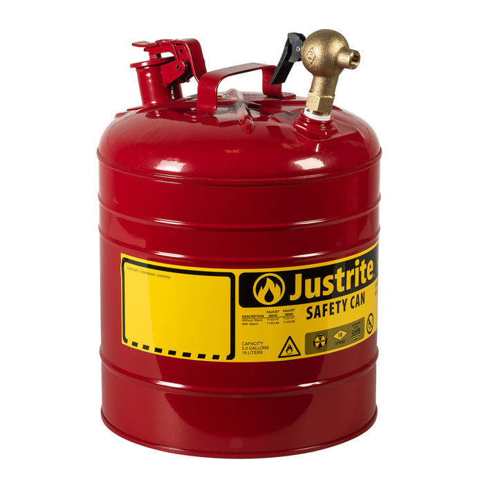 Justrite Type I Steel Dispensing Safety Can, 5 Gallon, Top Brass Faucet