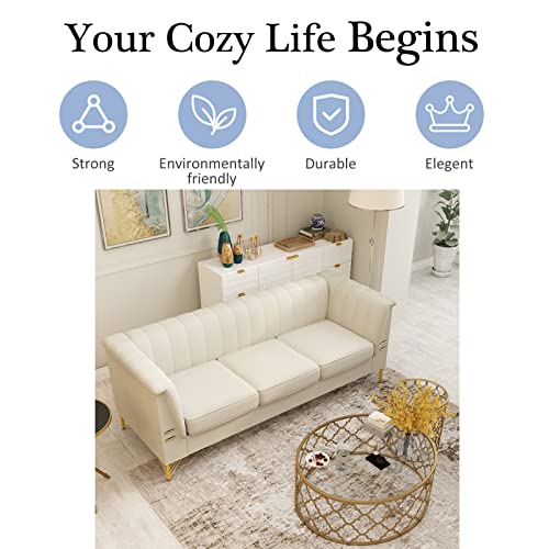 Chesterfield Sofa, Velvet Upholstered Futon Sofa with High Arms and Removable Cushions, Sofa Couch with Wood Frame and Gold Legs, Mid Century Tufted Sofa for Living Room, Apartment (Beige)