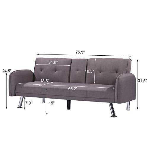 Merax Futon Bed Couch, Modern Sofa Sleeper Design for Living Room or Bedroom, Including Metal Legs and Upholstery Sofabed, Light Brown