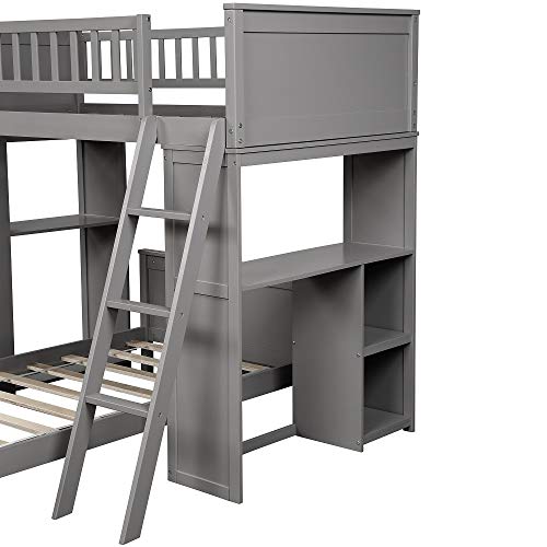 Twin Over Twin Loft Bunk Beds with Chest and Desk, Low Profile Kids Bunk Beds,No Box Spring Required, Wood, Gray