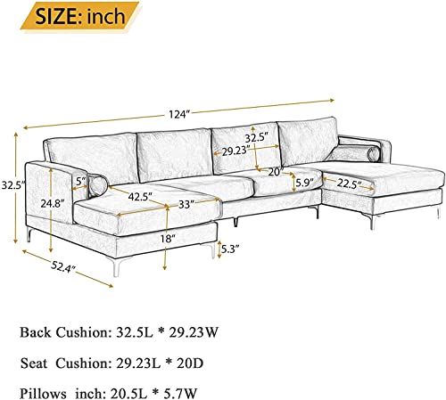 L-Shape Sofa Modern Stylish Elegant Velvet Upholstered Sectional Sofa with Two Pillows Home Villa Living Room Furniture Set U-Shape Symmetrical 4 Seaters Sofá Couch W/Double Wide Chaise Lounge Black