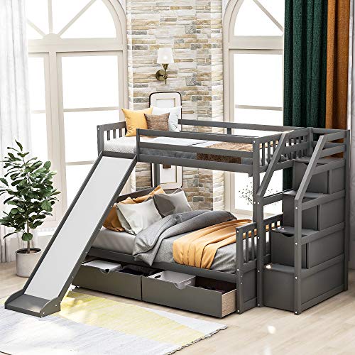 Twin Over Full Size Bunk Bed, Bunk Bed with Drawers and Storage Staircase, Wood Bunk Bed Frame with Slide and Guardrail for Kids and Teenagers, No Spring Box Needed, Grey