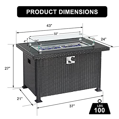 WACASA 43in Outdoor Fire Pit Table, 50,000 BTU Auto-Ignition Propane Gas Firepit with H Style Burner,Glass Wind Guard,Tempered Glass Tabletop and Lid,Blue Glass Rock and Cover (Black)