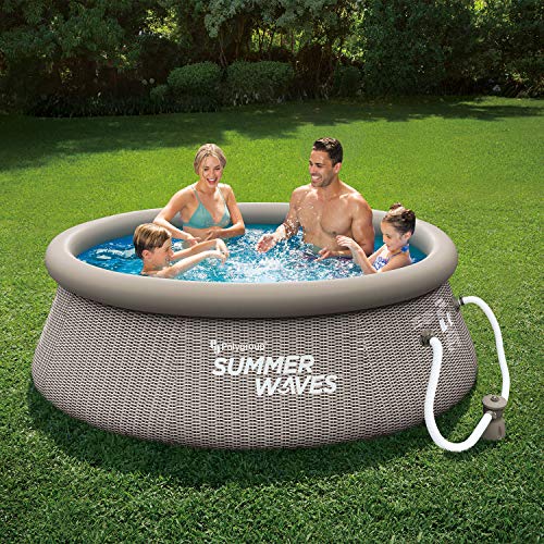 Summer Waves P1B00830A 8ft x 30in Round Quick Set Inflatable Ring Above Ground Swimming Pool with Filter Pump, Gray Basketweave Print