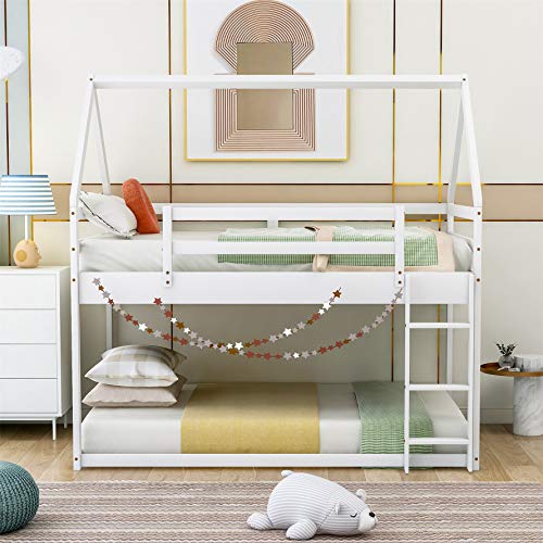 Harper & Bright Designs Low bunk Bed Twin Over Twin , Wood Bunk Beds with Guard Rail for Kids, Toddlers, House Bed with Ladder ,No Box Spring Needed ,White