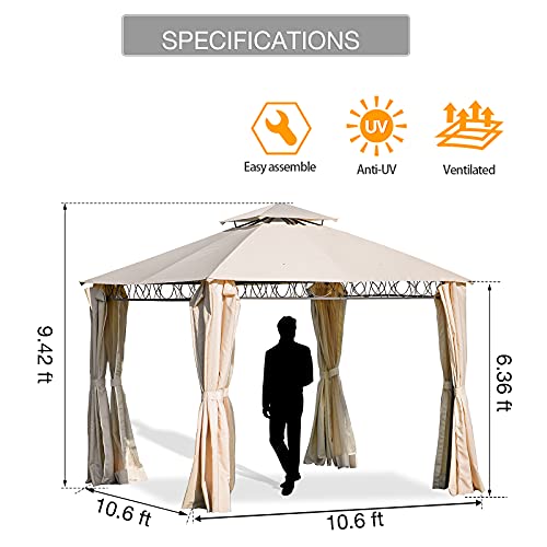 10x10 ft Outdoor Gazebos Patio Gazebos with Privacy Curtain and Netting Soft Top Double Roof Grill Canopy