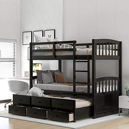 Harper&Bright Designs Twin Over Twin Bunk Bed with Safety Rail, Ladder, Twin Trundle Bed with 3 Drawers for Kids, Teens Bedroom, Guest Room Furniture, Espresso