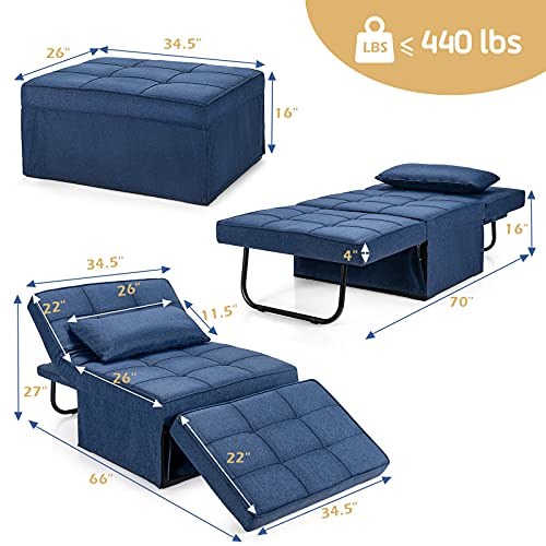 Giantex Sofa Bed Convertible Sleeper Adjustable Recliner Chair 4 in 1 Multi-Function 6-Position Backrest Ottoman Guest Bed Sofa Couch with Waist Pillow No Assembly (Blue)