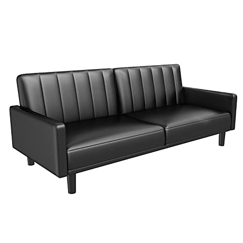 Futon Sofa Bed, Convertible Folding Faux Leather Sleeper Sofa, Living Room Couch Furniture with Square Arms and Pillow,for Compact Living Space, Apartments, Extra Beds, Overnight Guests.Earth Black