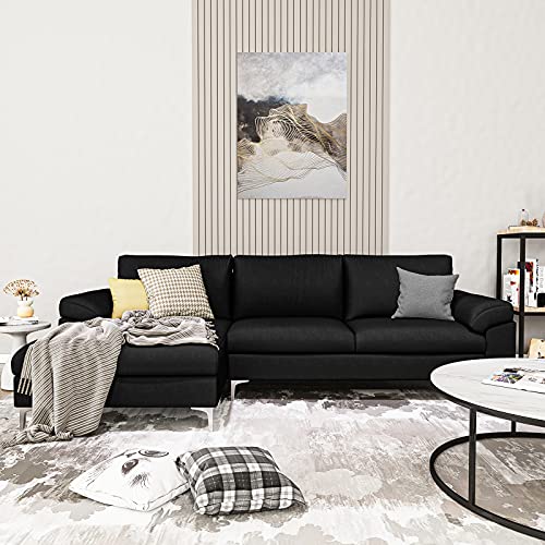 L Shape Velvet Fabric Sleeper Sectional Sofa with Extra Wide Chaise Couch for Living Room (Black AA)