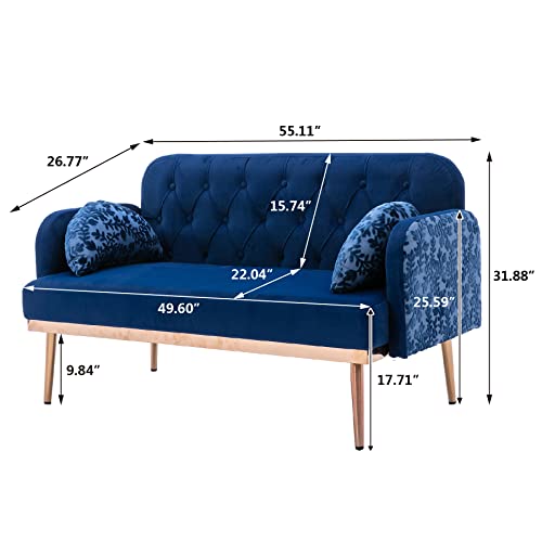 Dolonm Small Loveseats for Small Spaces, Tufted Back 2 Seater Sofa with Golden Metal Legs, Soft Velvet Couch with Elegant Moon Shape Pillows for Living Room, Bedroom, Office (Navy Blue - Velvet)