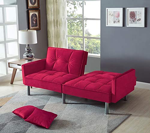 Legend Furniture Velvet Sofa Bed Sleeper with Pillow Sofabed, Small Parcel, Red