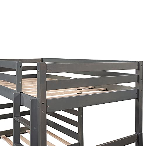 Twin Over Twin Bunk Bed, Solid Wood Bunk Bed Frame with Guard Rails and Ladders for Boys Girls Kids Teens Adults, Convertible to 2 Seperate Beds, No Box Spring Needed, Easy Assembly (Gray)