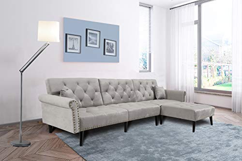 Danxee Sofa Bed Set Sectional Sofa L Shape Sectional Couch Sleeper Couch Bed Modern Style Velvet Sleeper Futon Sofa with Extra Wide Chaise Lounge (Light Grey)