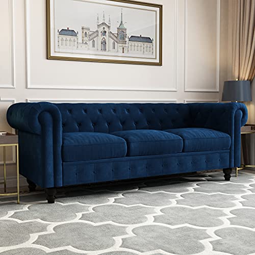 Alapaste Mid-Century Channel Tufted Velvet Sofa Couch,Traditional Chesterfield Sectional Sofa,Upholstered Velvet Sofa Couch,Chesterfield Living Room Sofa with Scroll Arms & Metal Legs for Living Room