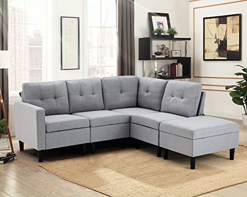 JOMEED Convertible Sectional Sofa Couch, Polyester Fabric L-Shaped Couch with Storage Ottoman Suitable for Living Room, Bedroom (Grey)