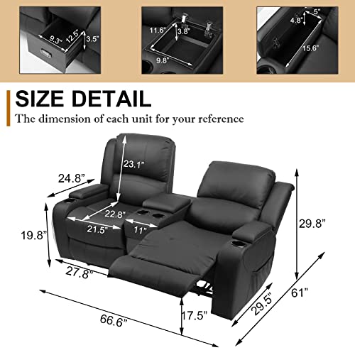 LVUYOYO Modern Loveseat Recliner - Manual PU Leather Double Reclining Sofa Couch with Console and Cup Holder - Home Theater Seating for Living Room (Black)