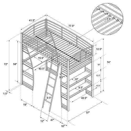 DHP Studio Loft Bunk Bed Over Desk and Bookcase with Metal Frame - Twin (Gray)