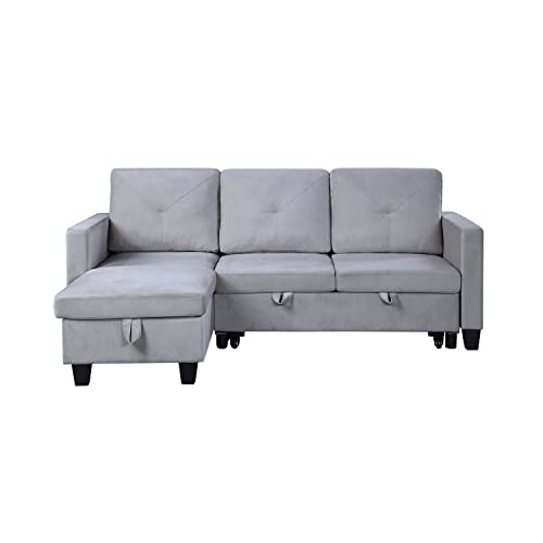 Lilola Home Velvet Reversible Sleeper Sectional Sofa with Storage Chaise, Light Gray