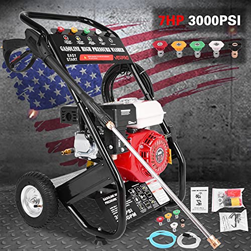 Wailiy 3000PSI Gas Pressure Washer,7HP 215cc 4-Stroke Gas Powered Pressure Washer,26Ft High Pressure Hose &Soap Tank,5 Adjustable Nozzles