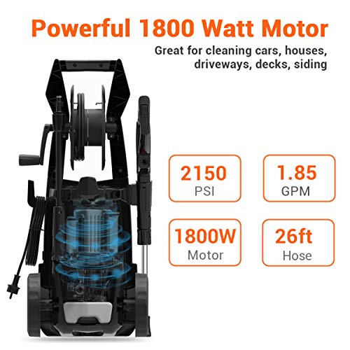 ROOJER 1800W Electric Pressure Washer High Pressure Power Washer Machine Car Washer with Power Hose Gun Turbo Wand 5 Interchangeable Nozzles Max 3500 PSI 2.6 GPM