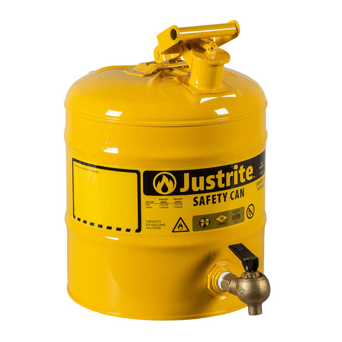 Justrite 5 Gallon Steel Safety Can For Laboratories, Type I, Bottom Brass Flow-Control Faucet