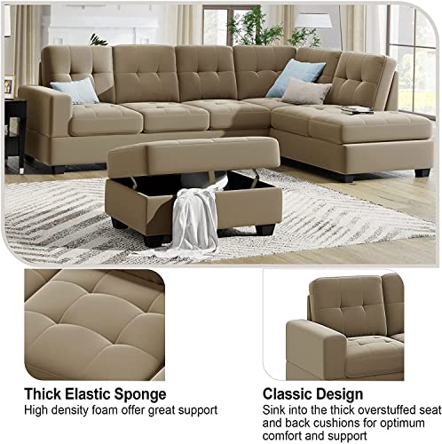GAOPAN L-Shaped Tufted Cushion Corner Couch Velvet Upholstery Sectional Sofa Easy Assemble with Storage Ottoman and Reversible Chaise Lounge for Home & Apartment Living Room Furniture Sets, Brown