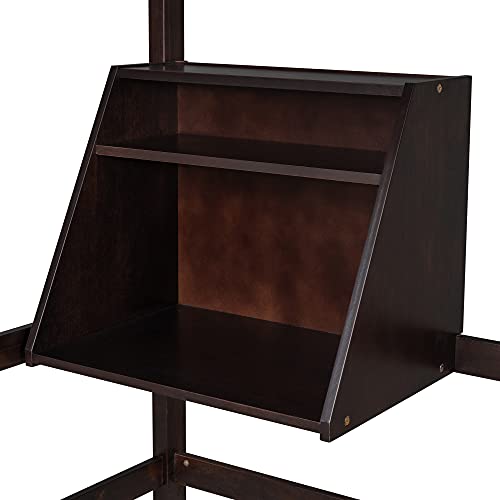 Twin Loft Bed with Convertible Lower Bed, Wood Loft Bed Frame with Storage Drawer and Shelf, Multifunctional Loft Bed for Kids Teens Adults (Espresso)