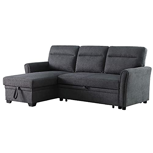 BOWERY HILL Fabric Reversible/Sectional Sleepr Sofa, Pull Out Sleeper Bed with Storage Chaise in Dark Gray
