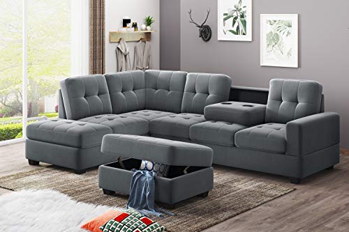 STARTO 3 Piece Sectional Sofa Set for Living Room Modern L-Shape Couch Furniture with Reversible Chaise Lounge Storage Ottoman and Cup Holders, Gray