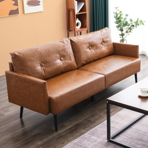Couches for Living Room - Vonanda Mid Century Modern Sofa 73.2 Inch 2 Cushions - Faux Leather Sofa Sectional Couch, Caramel