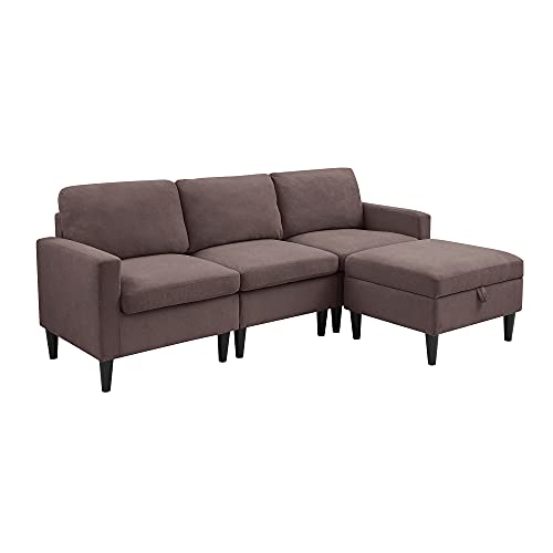 G & G with Reversible Chaise Modern Linen Fabric L-Shaped Sectional with Storage Ottoman for Small Space Living Room Apartment Office (Brown), Size