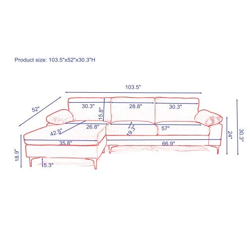 L-Shaped Sectional Velvet Sofa for Living Room Modern Futon Sofa with Metal Legs, Left Hand Facing Chaise 103.5