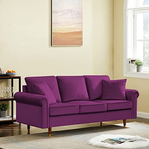 Modern Velvet Sofa Couch for Living Room, Purple Velvet Couch 3 Seater Sofa with 2 Pillows, 3 Cushions and Wooden Legs for Apartment and Bedroom